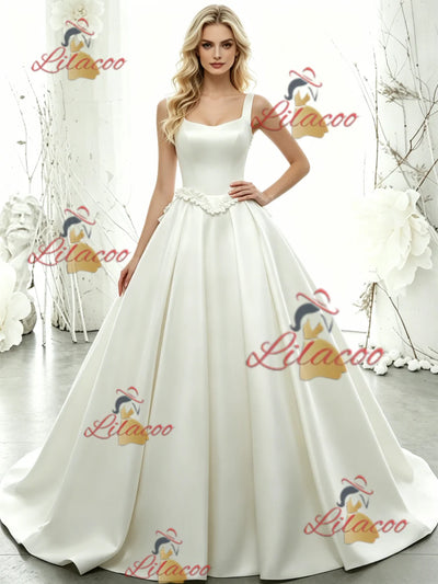 White Satin Straps Flower Wedding Dress