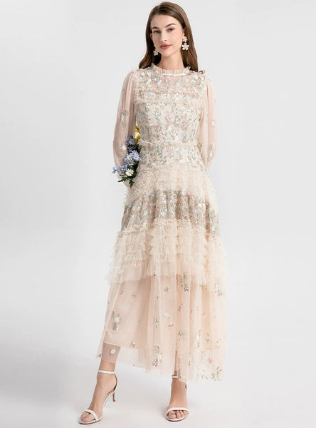 Heavy-duty Gauze Embroidered Layered Dress
