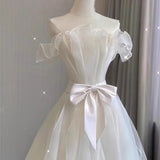 White Tulle Pleats Bow Wedding Dress