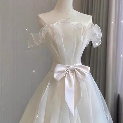 White Tulle Pleats Bow Wedding Dress