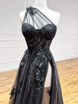 Black Tulle One Shoulder Appliques Split Prom Dress