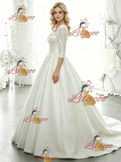White Short Sleeve Sequins Wedding Dres