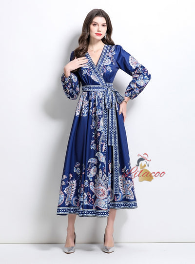 Retro Palace Printed V-neck Lantern Long Sleeve Dress