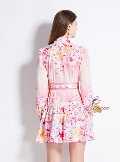 Slim Lantern Sleeve Ruffled Printed Dress