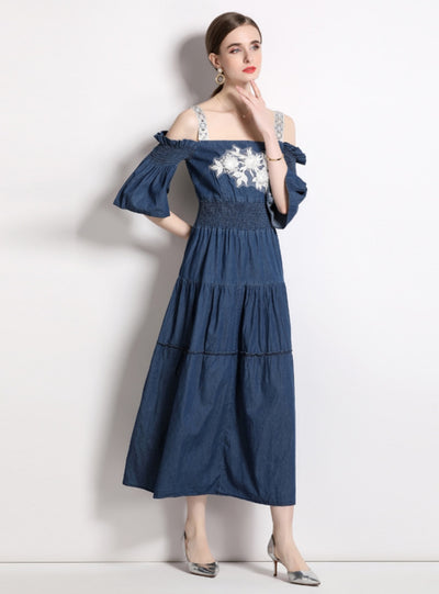 Short-sleeved Suspender Denim Dress