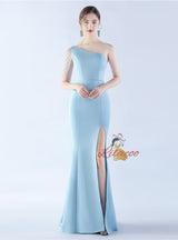 One Shoulder Beading Split Prom Dress