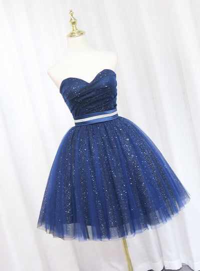 Blue Tulle Sequins Strapless Pleats Homecoming Dress