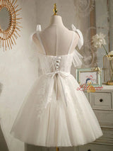 White Tulle Straps Lace Pleats Homecoming Dress