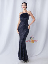 Halter Mermaid Sequins Feather Prom Dress