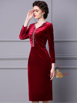 Burgundy Velvet Long Sleeve Beading Mother Of The Bride Dress