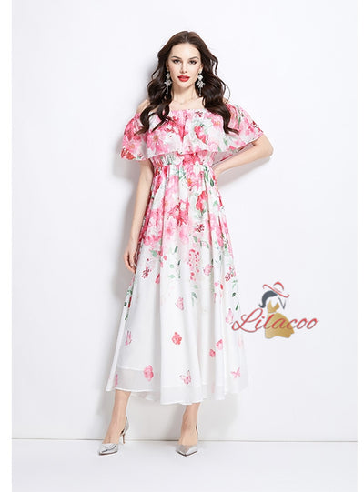 Printed Chiffon Off the Shoulder Split Dress