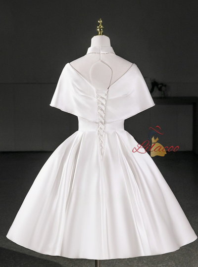 White Satin High Neck Pleats Wedding Dress