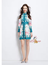 Retro Lapel Button Printed Dress