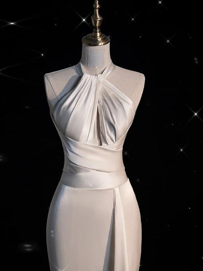 White Mermaid Satin Halter Pleats Wedding Dress