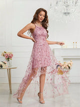 Pink Tulle Sequins Hi Lo Prom Dress