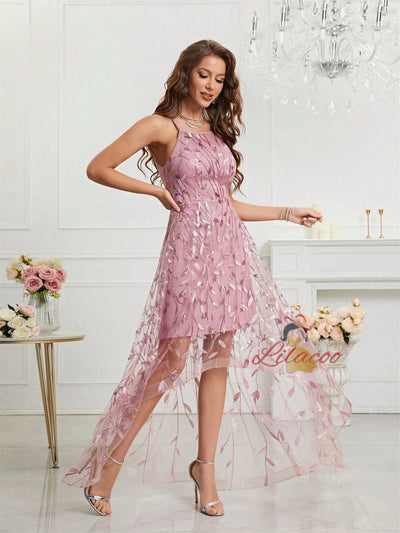 Pink Tulle Sequins Hi Lo Prom Dress