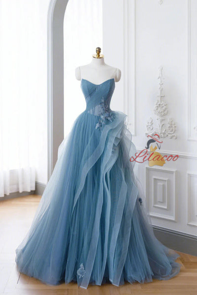 Blue Tulle Pleats Appliques Prom Dress