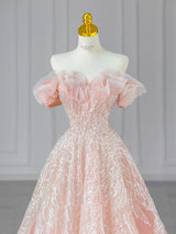 Pink Tulle Sequins Off the Shoulder Prom Dress