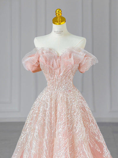 Pink Tulle Sequins Off the Shoulder Prom Dress