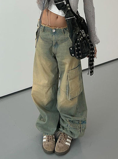Retro Low Waist Loose Pocket Raw Edge Jeans
