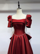 Burgundy Satin Square Neck Short Sleeve Prom Dress