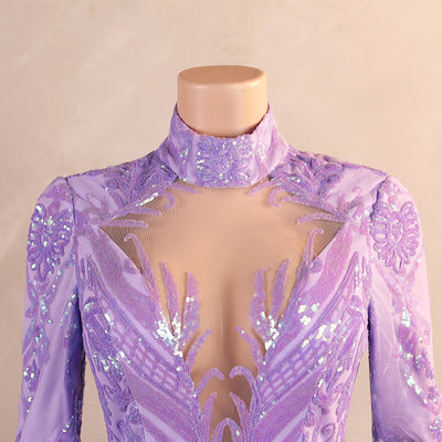 Purple Sequins Long Sleeve Prom Dress