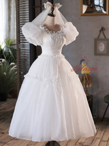 White Tulle Puff Sleeve Pleats Pearls Wedding Dress