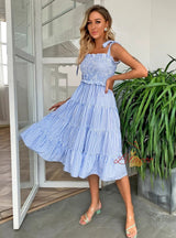 Women Stripe Strap Pleated Dress