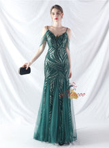 Spaghetti Straps Mermaid Sequins Tulle Beading Prom Dress