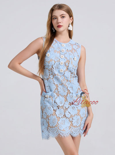 Blue Flower Lace Sleeveless Dress