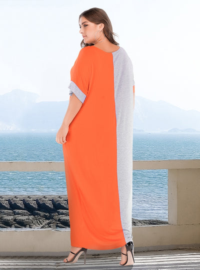 Loose Contrast Stitching Round Neck Short Sleeve Dress