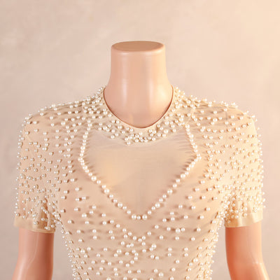 Champagne White Short Sleeve Pearls Prom Dress