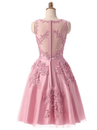 Pink Tulle Lace Beaded Homecoming Dress