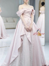 Pink Satin Tulle Pearls Prom Dress