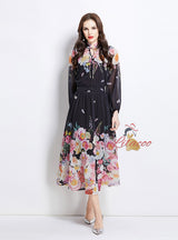 Long-sleeved Printed Chiffon Top Skirt Suit