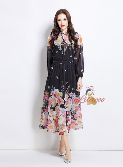 Long-sleeved Printed Chiffon Top Skirt Suit