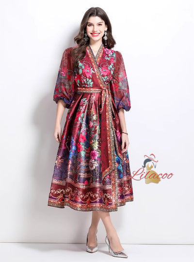 V-neck National Style Printed Satin Long Dress