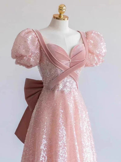 Pink Sequins Velvet Puff Sleeve Prom Dress