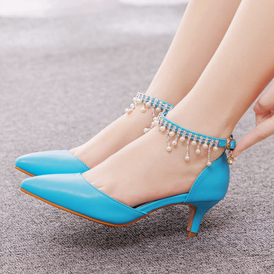 Low-heeled Pointed Beaded Tassel Sandals
