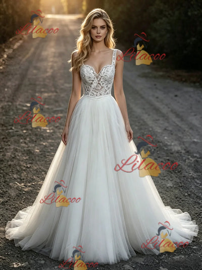 White Tulle Lace Straps Wedding Dress