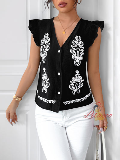 Ethnic Print V-neck Flying Sleeve Vest Shirt