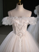 Beige Tulle Lace Spaghetti Straps Wedding Dress