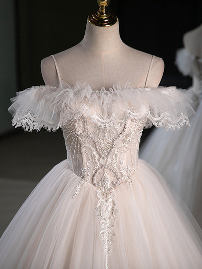 Beige Tulle Lace Spaghetti Straps Wedding Dress