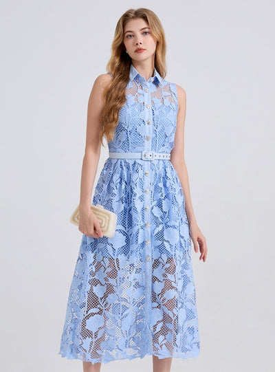 Blue Lace Embroidered Lapel Sleeveless Dress