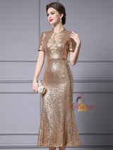 Sequins Short Sleeve Beading Mother Of The Bride Dress