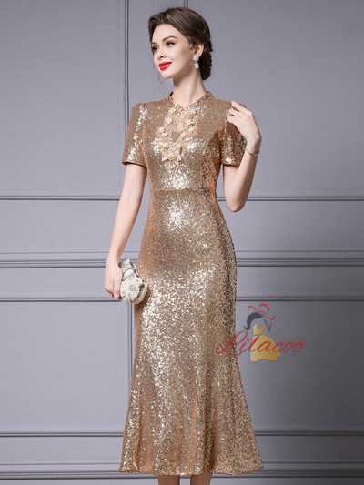 Sequins Short Sleeve Beading Mother Of The Bride Dress