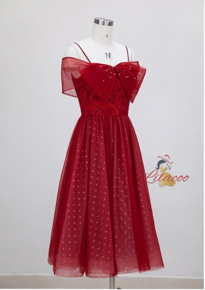 Wine Red Suspender Bow Gauze Dress