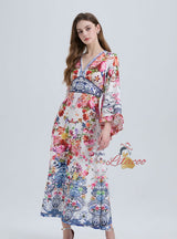 V-neck Printed Flared Sleeve Dress