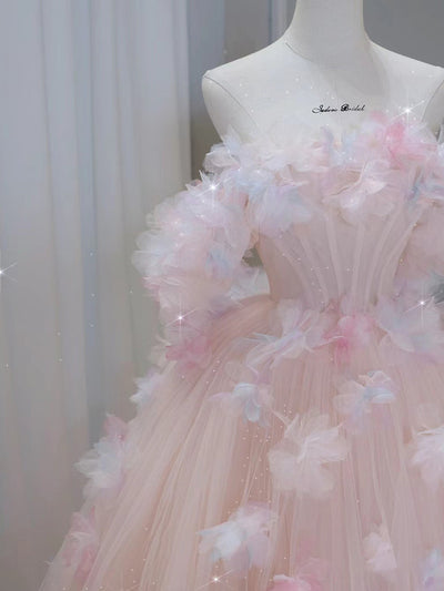 Pink Tulle Off the Shoulder 3D Flower Prom Dress