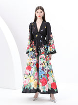 Retro V-neck Breasted Printed Long Dress